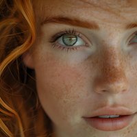 Close up portrait showing green eyes, ginger hair, and natural freckles on fair skin. Soft natural lighting highlights feminine features and creates warm atmospheric mood.