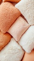 Soft plush cushions in coral and cream colors arranged in geometric pattern. Cozy textured pillows creating modern minimal composition for home decor.