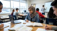 Young Muslim woman in hijab studying with diverse students in modern classroom environment with laptops and books for educational content.