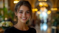 Young attractive Caucasian woman with brown hair smiling warmly in cozy restaurant with golden bokeh lights creating intimate dining atmosphere.