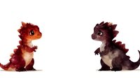 Cute watercolor baby dragons in red and dark purple colors sitting and looking at each other on white background, isolated fantasy characters for design.