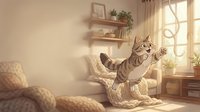 Adorable tabby kitten stretching and yawning in cozy sunlit living room with warm natural lighting and comfortable home decor for pet lifestyle content.