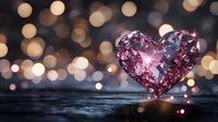 Pink crystal heart on dark surface with golden bokeh lights creating romantic atmosphere, suitable for Valentine's Day cards and love-themed designs.