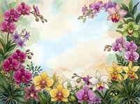 Watercolor floral frame with colorful orchids in pink, yellow, purple and white, lush green leaves, soft sky background, copy space center.