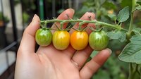 Fresh yellow and green cherry tomatoes on vine held in gardener's hand showing organic homegrown produce and natural ripening process.