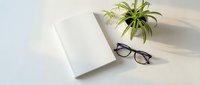 Minimalist workspace with open blank notebook, black-rimmed glasses and green spider plant on white surface for office productivity and creative writing projects.