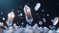 Magical floating crystal quartz points and fragments suspended in dark space with bokeh light effects and sparkles, creating mystical mineral composition.