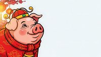 Cute cartoon pig in traditional red Chinese outfit with golden decorations and lanterns for lunar new year celebration on white background.
