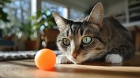 Adorable tabby cat with white markings playing with orange ball on wooden floor in bright modern home interior with plants in background.