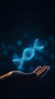 Glowing blue DNA double helix floating above open human hand on dark background with bokeh lights for genetic research and biotechnology concepts.