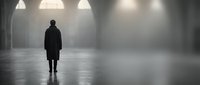 Silhouette of person standing alone in empty concrete space with dramatic lighting from above creating atmospheric mood for conceptual designs.