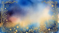 Ornate golden floral frame with blue and golden gradient background, fireworks and bokeh lights, elegant decorative border for festive celebrations, invitations, and holiday designs.