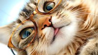 Adorable ginger cat wearing brown glasses looking up with blue eyes and playful expression, close-up portrait showing whiskers and pink nose against light background.
