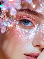 Close up of blue eye with pink glitter makeup and bokeh lights, featuring shimmering face art and dreamy ethereal aesthetic for beauty and fashion content.