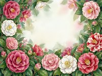 Watercolor camellia floral frame with pink, red and white blooms on soft green background, copy space in center for text or design.