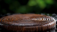 Macro shot of wet wooden surface with circular grain pattern and water droplets creating concentric rings in dark moody lighting with bokeh background.