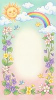 Watercolor spring frame with smiling sun, rainbow, fluffy clouds, colorful flowers and flying birds on pastel background for greeting cards and invitations.