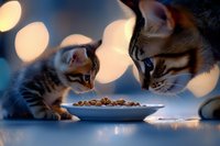 Two curious tabby cats sniffing dry food in white bowl against blurred bokeh lights background, creating cozy evening atmosphere with warm golden glow.