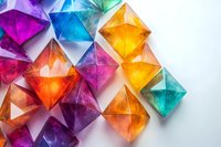Colorful translucent crystal shapes in vibrant rainbow hues arranged on white background. Geometric octahedron forms catch light creating magical prismatic effect.