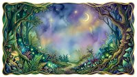 Enchanted forest landscape with crescent moon, glowing stars, and lush vegetation framing a mystical nighttime scene. Suitable for fantasy artwork, book illustrations, and magical themed designs.