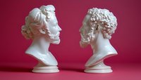 White classical marble busts of man and woman facing each other on pink background, romantic concept for valentines day or wedding design elements.