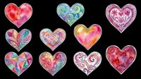 Colorful watercolor hearts collection with floral and geometric patterns, isolated on transparent background, ready for stickers, T-shirts, and print on demand.