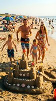 Family enjoying summer beach day building sandcastle together with children and parents smiling by ocean shore during vacation.
