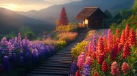 Wooden cabin on mountain path surrounded by vibrant lupine flowers at sunset, with golden light streaming through colorful wildflowers along wooden steps leading to cozy retreat.