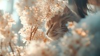 Dreamy close-up of ginger cat sniffing delicate spring cherry blossoms against soft turquoise background. Gentle morning light creates magical atmosphere.