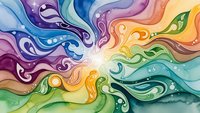 Vibrant watercolor swirls in rainbow spectrum create flowing abstract pattern with organic curves and gradients for creative design projects.