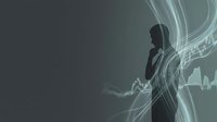 Silhouette of a woman in business attire standing against digital wave patterns and financial charts, representing data analysis, technology innovation, and corporate growth strategy.