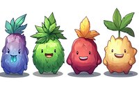 Cute cartoon fruit characters with happy faces and leaf tops in vibrant colors - purple, green, red and orange. Kawaii style mascots for children's design projects.