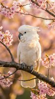 White cockatoo parrot perched on blooming cherry blossom branch with pink flowers in soft spring garden setting for nature and wildlife photography.