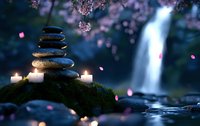 Zen stones balanced on mossy rock with glowing candles near waterfall, cherry blossom petals falling in mystical blue twilight atmosphere. Peaceful meditation scene.