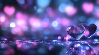 Glowing pink and purple hearts with bokeh lights on reflective surface create romantic atmosphere for Valentine's Day cards and love-themed designs.
