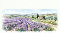 Watercolor lavender field landscape with a rustic farmhouse, rolling hills, and cypress trees under a soft blue sky in Provence style.