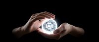 Hands protecting glowing digital bitcoin cryptocurrency symbol on black background, representing blockchain technology security and financial investment protection.