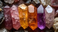 Colorful crystal points in row showing natural amethyst, citrine, rose quartz and clear quartz specimens with raw textured surfaces and hexagonal formations.