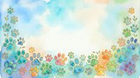 Colorful watercolor paw prints in rainbow hues arranged along bottom border with soft pastel sky background, suitable for pet-related designs and greeting cards.
