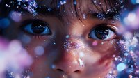 Young Asian woman with glowing skin and glitter makeup in dreamy purple and blue lighting with bokeh effects and sparkles creating magical beauty portrait.