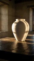 Cream ceramic vase with rounded bulbous form sits on wooden floor in minimalist interior space with warm sunlight casting dramatic shadows for home decor.