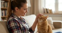 Young Caucasian woman in plaid shirt gently petting orange tabby cat while sitting on couch in cozy living room with warm natural lighting and books.