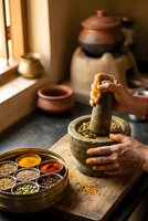 Hands grinding spices in stone mortar and pestle with colorful spice collection in traditional kitchen setting for cooking and food preparation.