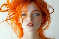 Young woman with vibrant ginger hair flowing in wind, bright coral lipstick, and intense blue eyes against light background, fashion beauty portrait.