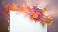 Colorful smoke clouds in orange, pink and purple hues emerging from white box against soft gradient background for creative design projects.