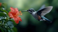 Tiny hummingbird hovering near red hibiscus flower while feeding on nectar, wings spread in motion against dark green garden background with soft bokeh effect.