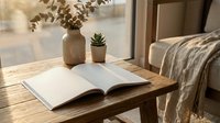 Cozy reading corner with open book on wooden table, eucalyptus branches in vase, small succulent plant, soft natural lighting creating peaceful atmosphere.
