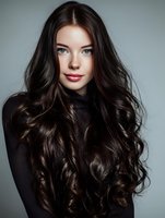 Young woman with long dark wavy hair and blue eyes against gray background, showcasing healthy shiny locks for beauty and haircare advertising.