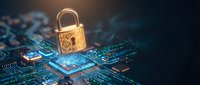 Golden padlock floating above illuminated computer circuit board representing cybersecurity, data protection and digital privacy in technology systems.