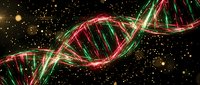 Glowing neon DNA helix with red and green light trails against dark starry background, suitable for science, genetics, and biotechnology presentations.